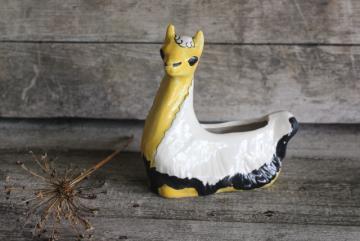 catalog photo of hand painted ceramic llama, vintage pottery planter, window garden house plant pot