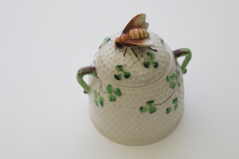 photo of hand painted china bee ware beehive honey pot w/ clover, vintage made in Japan #1