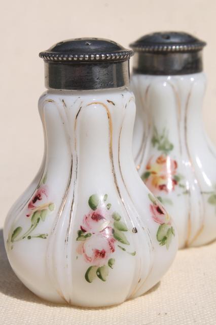 photo of hand painted enamel antique vintage milk glass salt and pepper shakers  #1