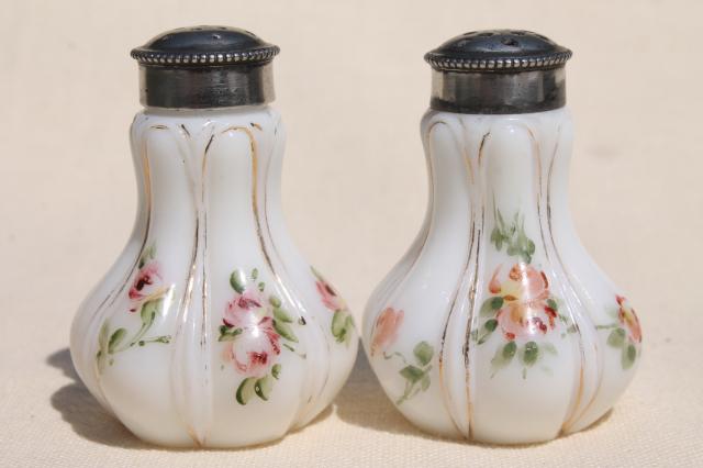 photo of hand painted enamel antique vintage milk glass salt and pepper shakers  #2