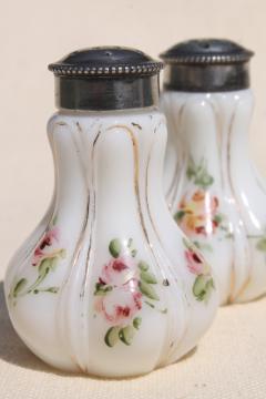 catalog photo of hand painted enamel antique vintage milk glass salt and pepper shakers 