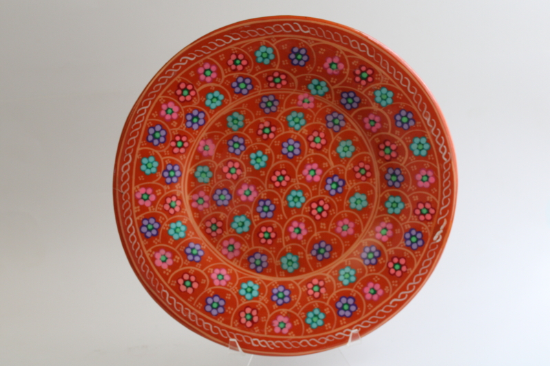 photo of hand painted folk art pottery plate, orange w/ teal green, pink, purple  #1