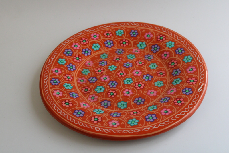 photo of hand painted folk art pottery plate, orange w/ teal green, pink, purple  #2