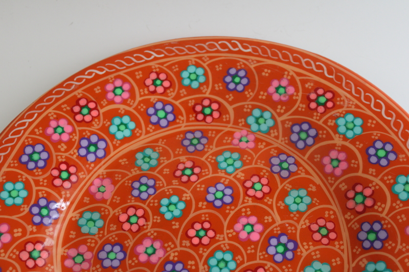 photo of hand painted folk art pottery plate, orange w/ teal green, pink, purple  #4