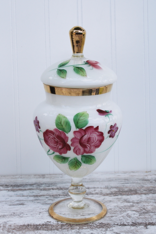 photo of hand painted glass apothecary jar w/ lid, vintage rose jar for Victorian style vanity #1