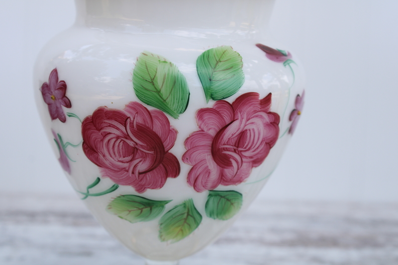 photo of hand painted glass apothecary jar w/ lid, vintage rose jar for Victorian style vanity #5