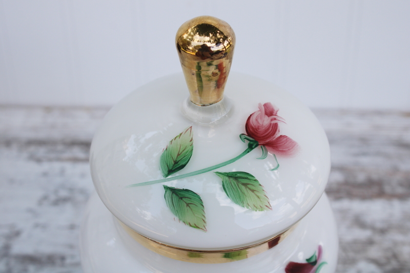 photo of hand painted glass apothecary jar w/ lid, vintage rose jar for Victorian style vanity #6