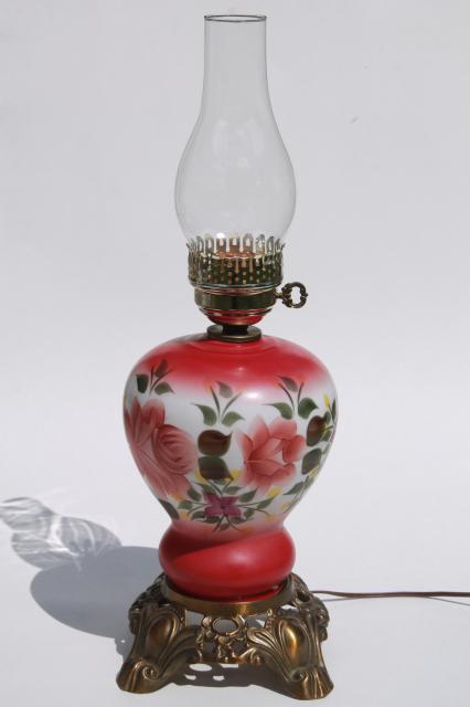 photo of hand painted glass parlor table lamp w/ hurricane shade, gone with the wind lamp #1