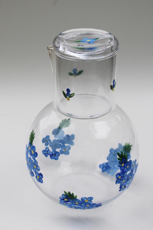 photo of hand painted glass tumble up, bedside table carafe bottle w/ tumbler drinking glass #1