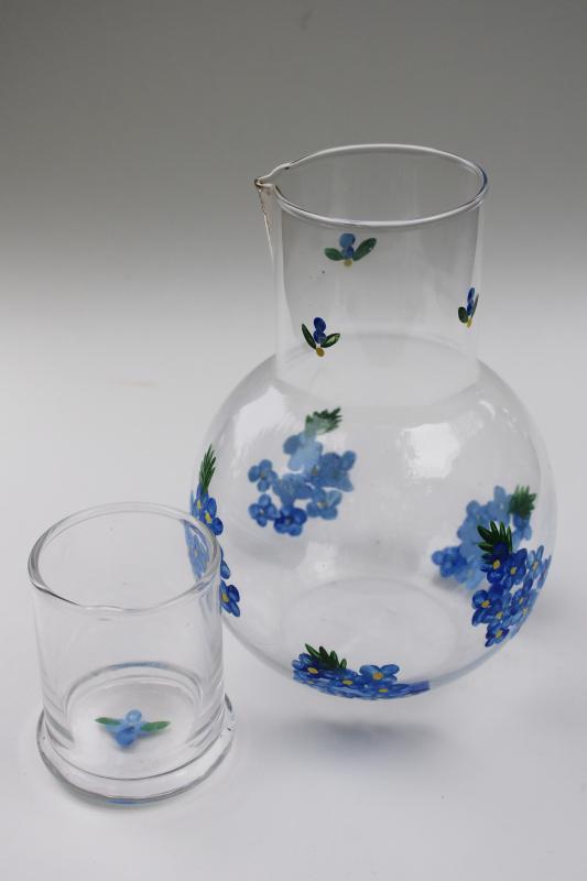 photo of hand painted glass tumble up, bedside table carafe bottle w/ tumbler drinking glass #2