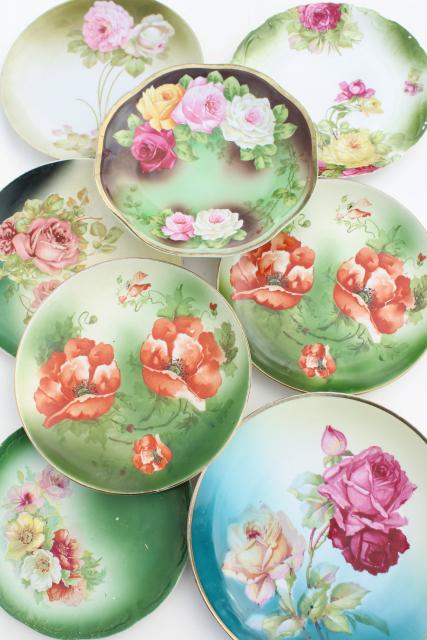 photo of hand painted poppies & roses, antique vintage china plates w/ shabby chic florals #1