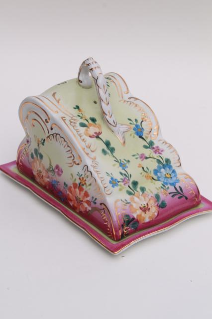 photo of hand painted porcelain cheese keeper server plate, tray w/ wedge cover dome #1