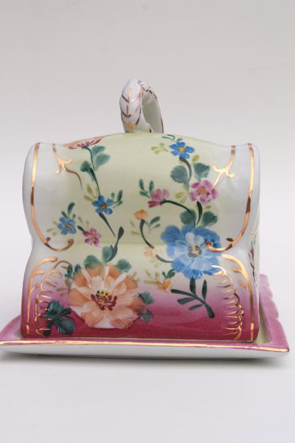 photo of hand painted porcelain cheese keeper server plate, tray w/ wedge cover dome #7