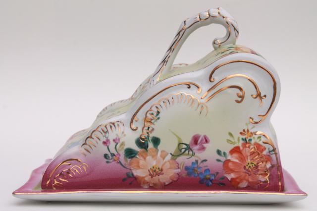 photo of hand painted porcelain cheese keeper server plate, tray w/ wedge cover dome #8