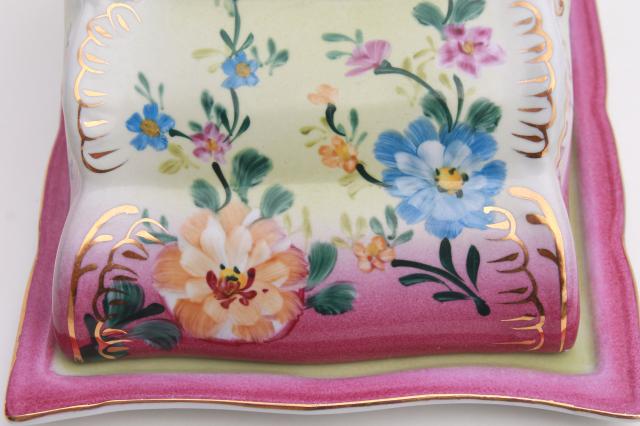 photo of hand painted porcelain cheese keeper server plate, tray w/ wedge cover dome #9