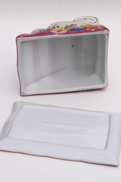 photo of hand painted porcelain cheese keeper server plate, tray w/ wedge cover dome #10