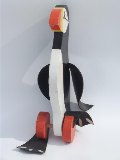 photo of hand painted puffin vintage wood push toy w/ flip flap rubber feet #2