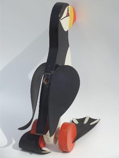 photo of hand painted puffin vintage wood push toy w/ flip flap rubber feet #3