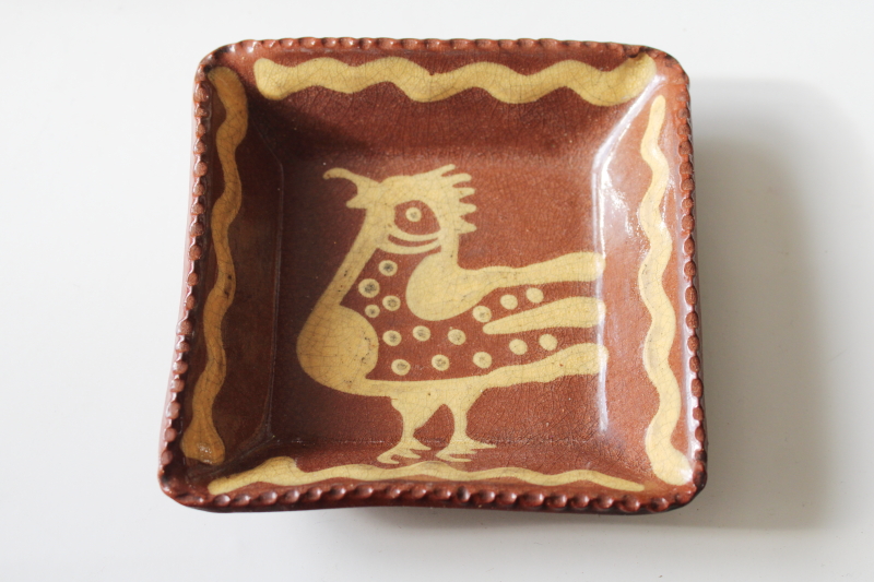 photo of hand painted redware pottery, tiny dish w/ bird folk art Pennsylvania Dutch style  #1