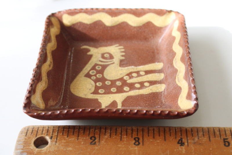 photo of hand painted redware pottery, tiny dish w/ bird folk art Pennsylvania Dutch style  #2