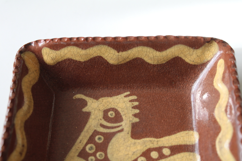 photo of hand painted redware pottery, tiny dish w/ bird folk art Pennsylvania Dutch style  #3