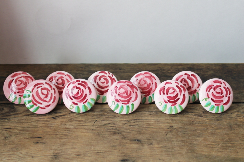 photo of hand painted roses ceramic drawer pulls or cabinet door knobs, folk artsy boho gypsy shabby chic  #1