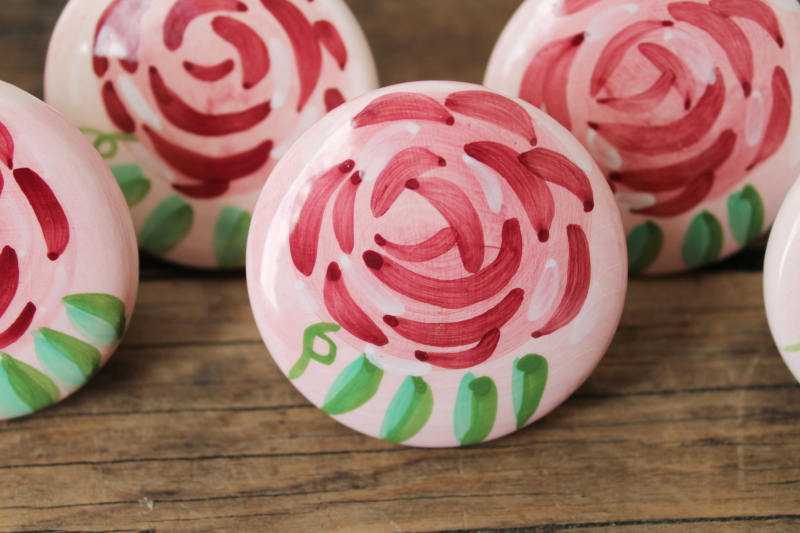 photo of hand painted roses ceramic drawer pulls or cabinet door knobs, folk artsy boho gypsy shabby chic  #2