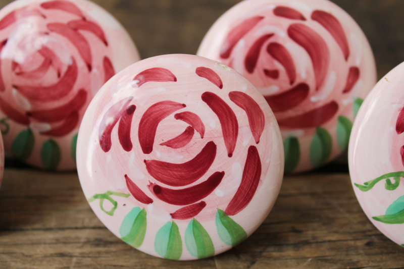 photo of hand painted roses ceramic drawer pulls or cabinet door knobs, folk artsy boho gypsy shabby chic  #3