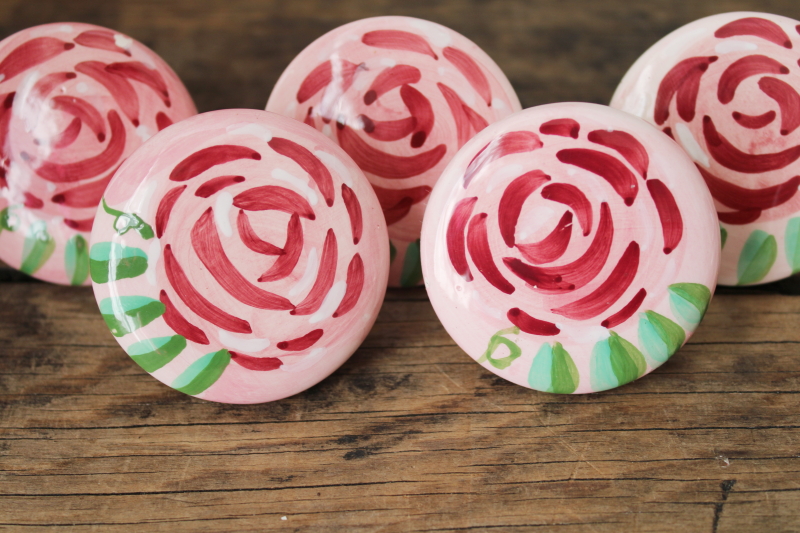 photo of hand painted roses ceramic drawer pulls or cabinet door knobs, folk artsy boho gypsy shabby chic  #4