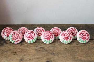 catalog photo of hand painted roses ceramic drawer pulls or cabinet door knobs, folk artsy boho gypsy shabby chic 