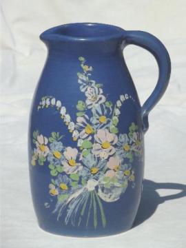 catalog photo of hand painted stoneware pitcher dated 1936, vintage Ransburg pottery?