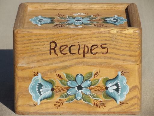 photo of hand painted tole oak box, wooden recipe box full of vintage recipes cards #2