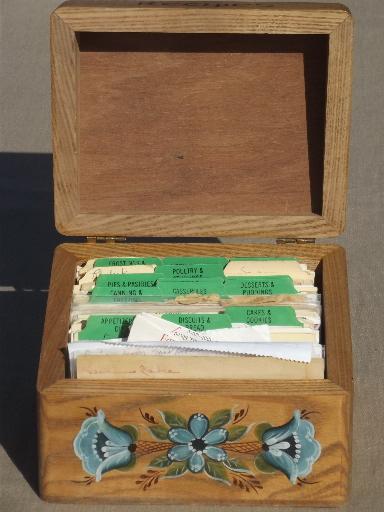 photo of hand painted tole oak box, wooden recipe box full of vintage recipes cards #4