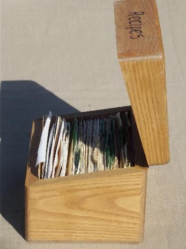 photo of hand painted tole oak box, wooden recipe box full of vintage recipes cards #5