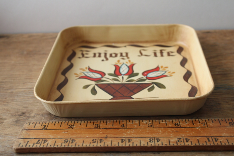 photo of hand painted tole tray, mini wall hanging Enjoy Life 1980s cottagecore folk art signed #2