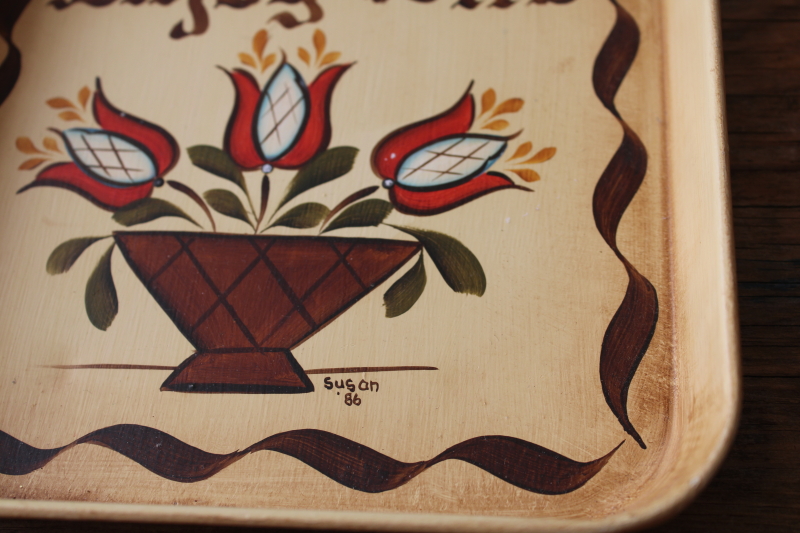 photo of hand painted tole tray, mini wall hanging Enjoy Life 1980s cottagecore folk art signed #3