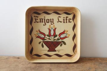 catalog photo of hand painted tole tray, mini wall hanging Enjoy Life 1980s cottagecore folk art signed 