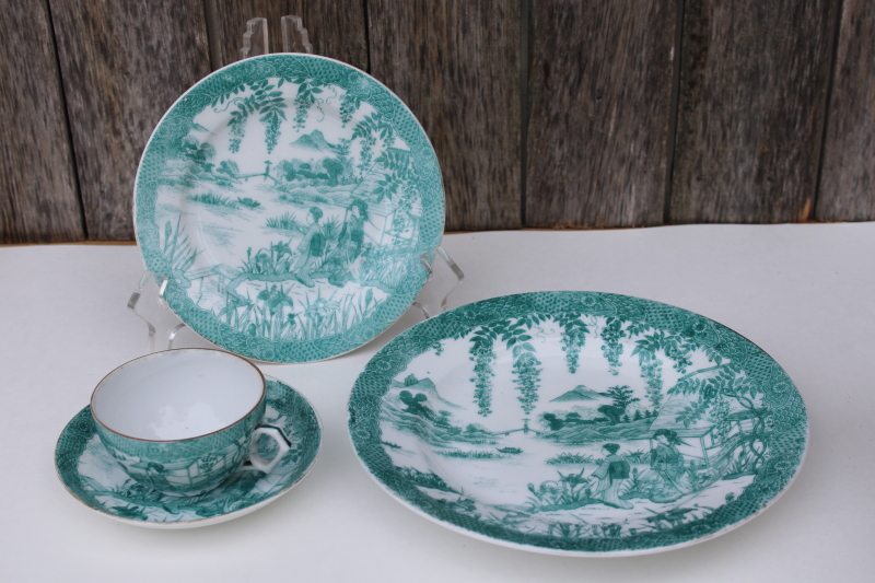 photo of hand painted vintage Japan teal green geisha girls trio, plates cup & saucer #1