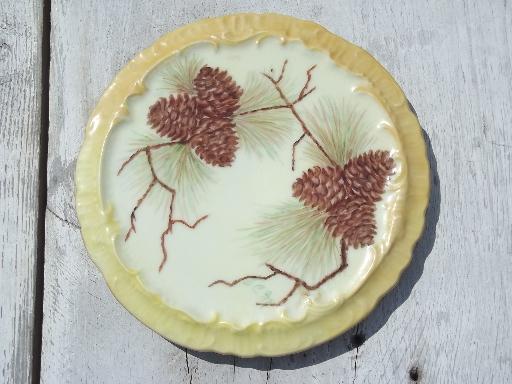 photo of hand painted vintage china tea pot trivet, pinecones pine branches #1