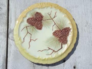 catalog photo of hand painted vintage china tea pot trivet, pinecones pine branches