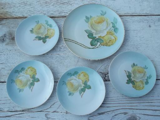 photo of hand painted yellow roses on sky blue, vintage Bavaria cake plate set #1