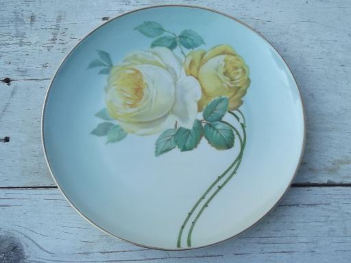 photo of hand painted yellow roses on sky blue, vintage Bavaria cake plate set #2