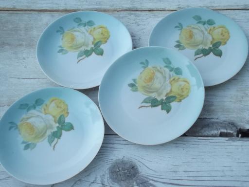 photo of hand painted yellow roses on sky blue, vintage Bavaria cake plate set #3