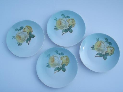 photo of hand painted yellow roses on sky blue, vintage Bavaria dessert plates #1