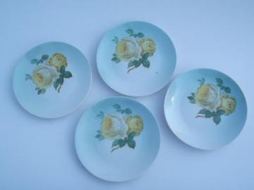 catalog photo of hand painted yellow roses on sky blue, vintage Bavaria dessert plates