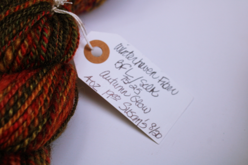 photo of hand spun artist dyed wool yarn lot, four hanks multicolored warm tones w/ gold, fall harvest colors  #5