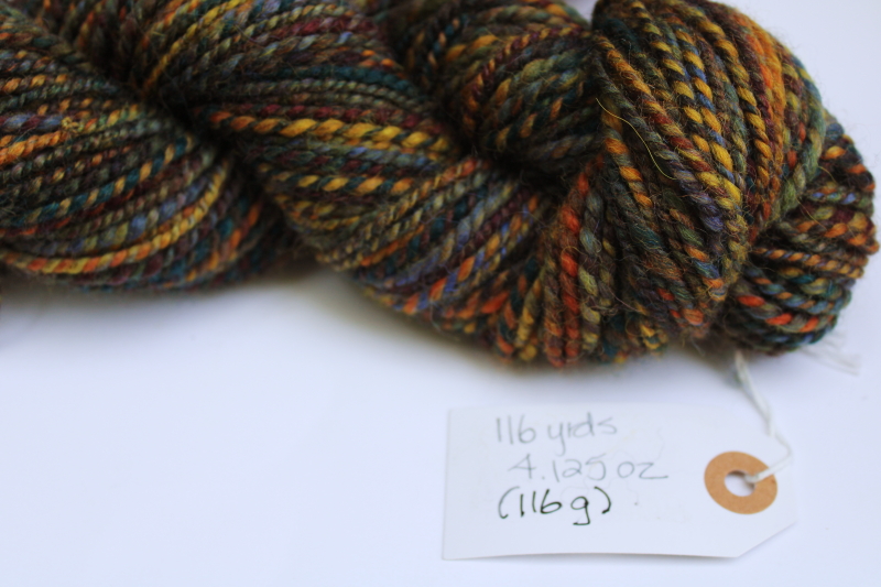 photo of hand spun artist dyed wool yarn lot, four hanks multicolored warm tones w/ gold, fall harvest colors  #6