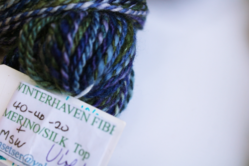 photo of hand spun artist dyed wool yarn lot, six hanks blues heather purple cream shades #2