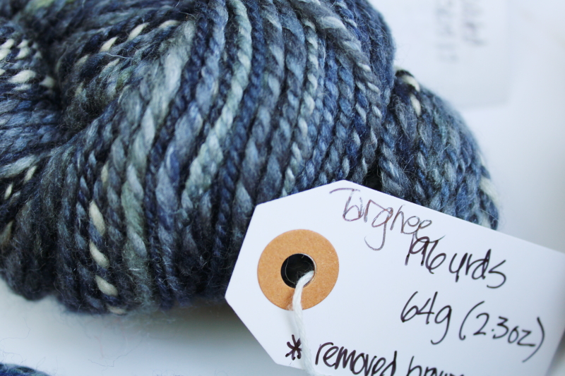 photo of hand spun artist dyed wool yarn lot, six hanks blues heather purple cream shades #3