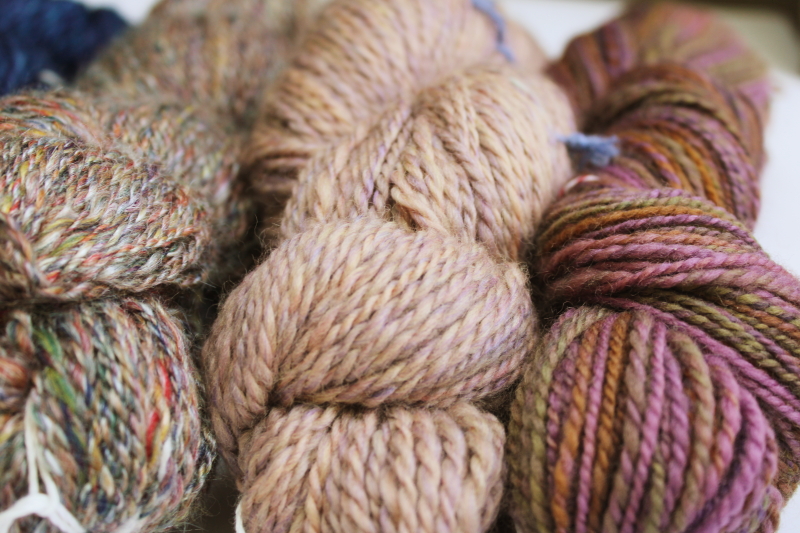 photo of hand spun artist dyed wool yarn lot, six hanks blues heather purple cream shades #8